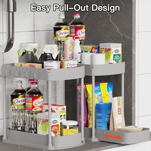 2 Packs Under Sink Pull-Out Storage Organizers, 12.8 Inches, Grey