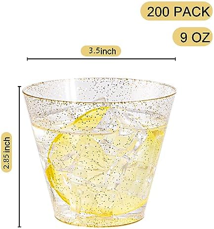 I00000 200 Pcs Gold Plastic Cups, 9 oz Disposable Gold Glitter Cups