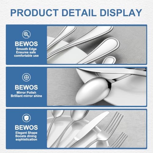 BEWOS Silverware Set for 4-20 Piece Stainless Steel Flatware Set Including Spoons, Forks, Knives, Mirror Polished Flatware for Home, Kitchen, Restaurant, Dishwasher Safe