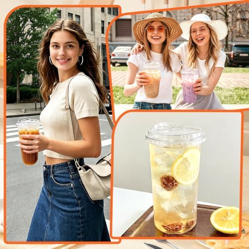 50 Pack 20 oz Clear Plastic Iced Coffee Cups with Strawless Sip Lids