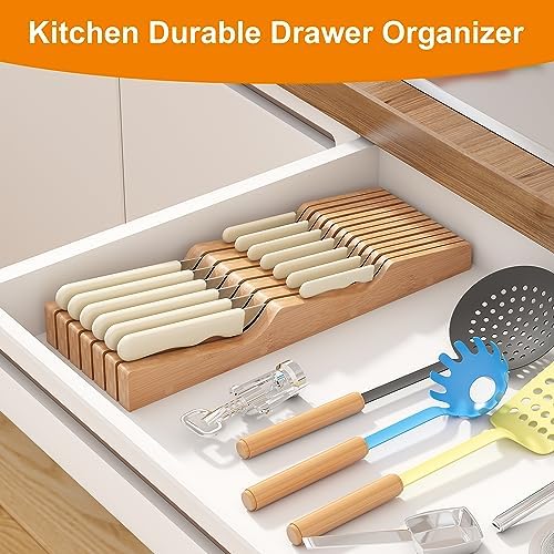 In-Drawer Knife Block Organizer - Bamboo Wood Drawer Knife Organizer-Protecting Knife Organizer Block (Not Included) (Natural, 13 Knives Dock)