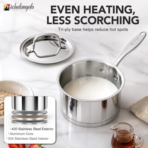 MICHELANGELO 1QT Small Stainless Steel Saucepan with Lid, Tri-Ply Base