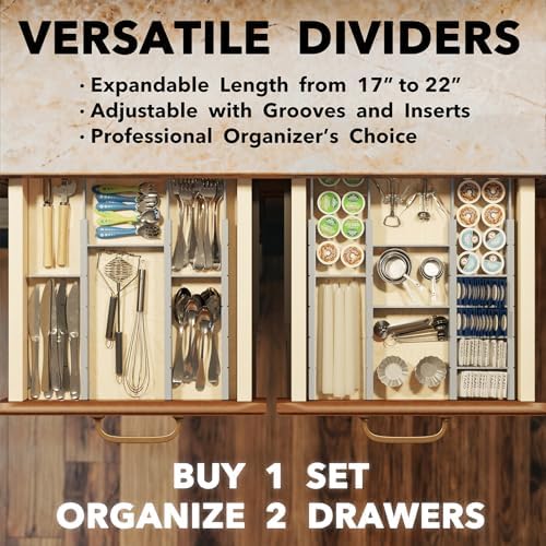 SpaceAid Bamboo Drawer Dividers with Inserts and Labels, Kitchen Adjustable Drawer Organizers, Expandable Organization for Home, Office, Dressers, 7 Dividers with 15 Inserts (17"-22" Gray)