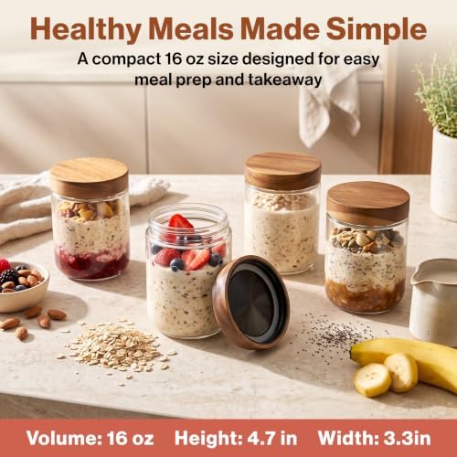 EDELHAUS Overnight Oats Containers with Lids - Glass Mason Jars, Meal Prep