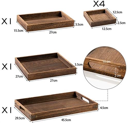 Yangbaga Rustic Wooden Serving Trays with Handle - Set of 7 Rectangular Platters for Entertaining, Breakfast, Coffee Table, Home Decor