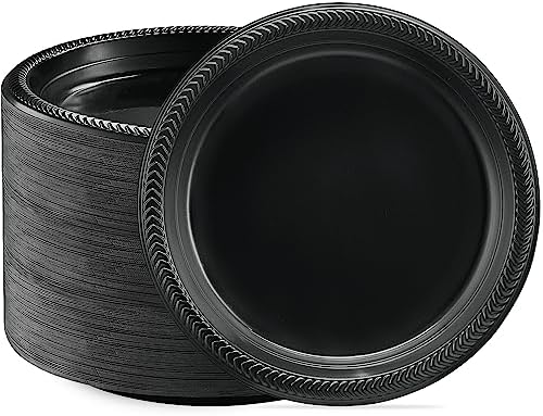 PLASTICPRO 400 PCS Black Plastic Plates Light Weight 9 Inch Plastic Dinner Plate Black Plates Disposable for Party and Wedding