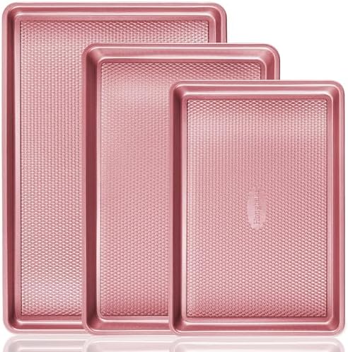 HONGBAKE Baking Sheet Pan Set, Cookie Sheets for Oven, Nonstick Half/Quarter/Jelly Roll Pans with Diamond Texture Pattern, Heavy Duty Cookie Tray, Pink