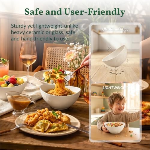 Homienly Wheat Straw Bowls 26 OZ Serving Bowls Set of 6 Unbreakable Salad Bowls for Breakfast, Cereal, Soup, Snack Mcirowave and Dishwasher Bowls Set for Kitchen, Camping, Party (White)