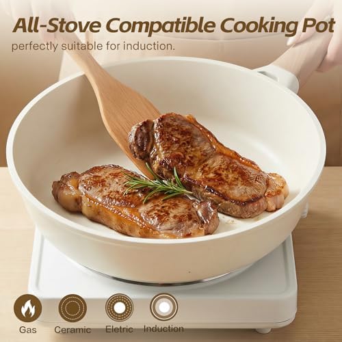 Ceramic Nonstick Frying Pan with Lid, 4.0 QT Sauté Pan Large Capacity Skillet, Non Stick Deep Frying Pan Induction Compatible White Granite Coating PFOA/PFAS Free Non-toxic Healthy Kitchen Cookware