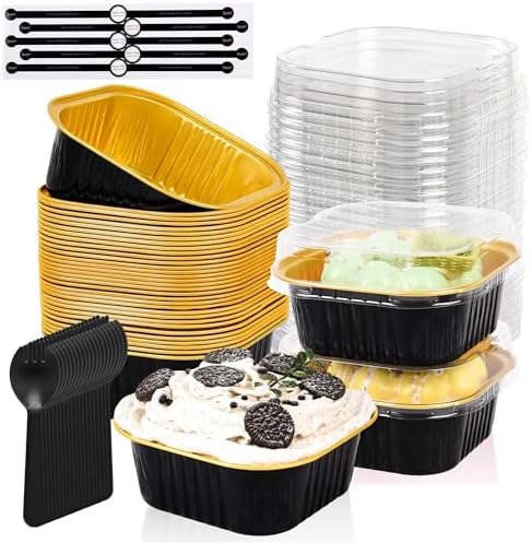 100 Pcs Mini Cake Pans with Lids, 10oz Square Aluminum Foil Brownie Baking Cups, Dessert Cupcake Cups with lids, Disposable Loaf Pans Cupcake for Wedding Birthday Party (Black Gold)