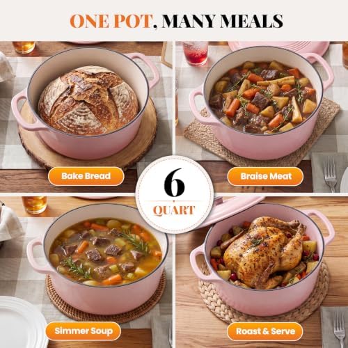 Sweetcrispy 6 Qt Enameled Cast Iron Dutch Oven Pot with Lid, Pink