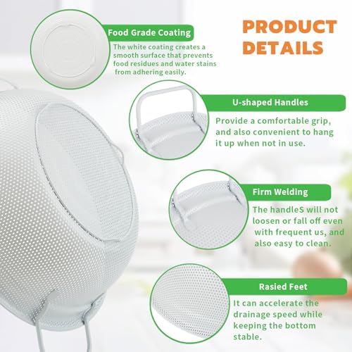 White Stainless Steel Colander Set of 3, 2, 3 & 5 Quart Metal Kitchen Strainers with Handles and Non-Slip Feet, Pasta Drainer for Rinsing Rice, Fruits and Vegetables, Dishwasher Safe