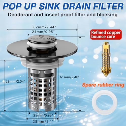 Bathroom Sink Drain Strainer, Pop-up Sink Drain Strainer with Removable Stainless Steel Strainer Basket Hair Catcher, Bathroom Sink Strainer for Bathroom Sink Stopper Replacement