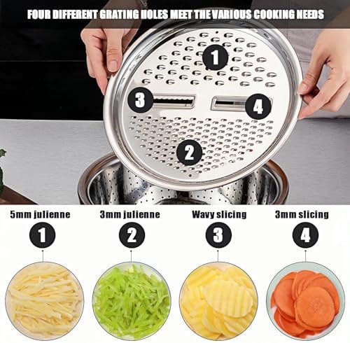 Multifunctional Stainless Steel Basin, Germany 3 In 1 Grater Strainer Vegetable Cutter with Drain Basket Salad Maker Bowl for Kitchen 10.5 inch