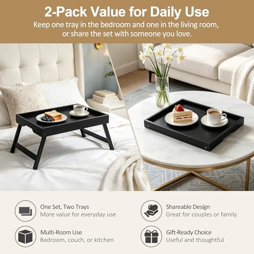 Bamboo Breakfast Trays with Folding Legs, Medium, 2-Pack, Black