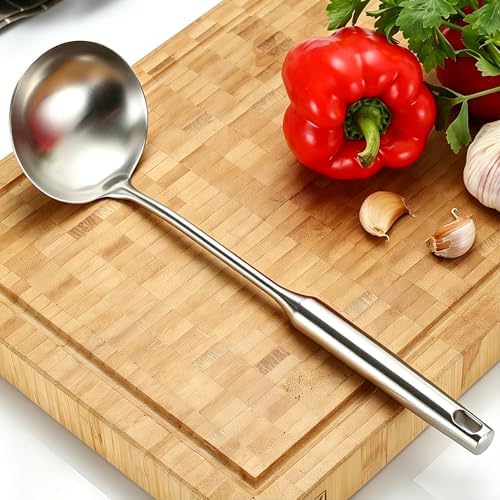 Stainless Steel Pasta Server and Cooking Spoon, Large Soup Ladle, Spaghetti Server with Teeth & Draining Holes, Dishwasher Safe Utensil for Everyday Use