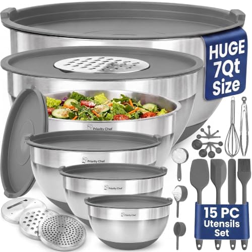 Priority Chef 6Pc Stainless Steel Mixing Bowls with Lids Set, Huge 7 Qrt Size Metal Bowl Set for Kitchen, 3 Graters, Non-Slip Bases & Silicone Utensils Set, Grey