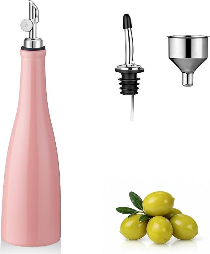 YOLIFE Olive Oil Dispenser Bottle, 20oz Ceramic Oil Dispenser for Kitchen, Oil Bottle with Gravity Spout, Leak Proof EVOO Dispensing Bottle with 2 Spouts and 1 Funnel for Vinegar, Juice(Pink)