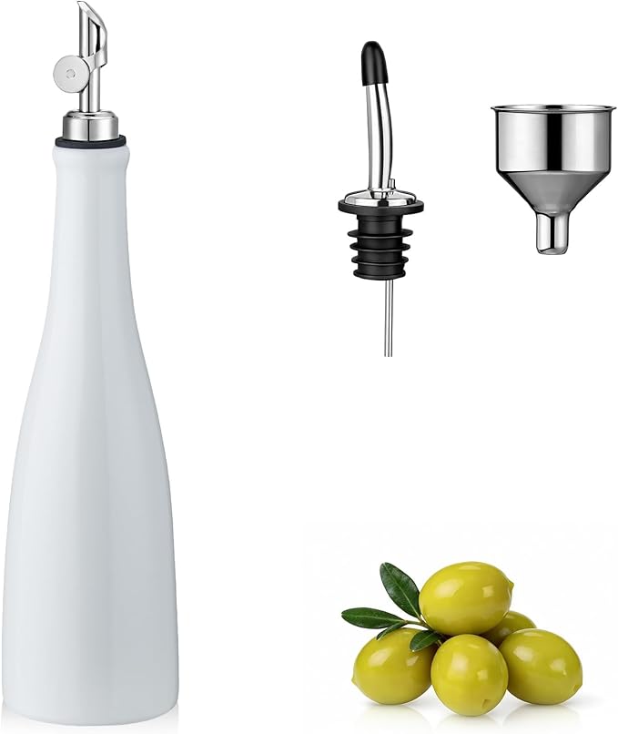 YOLIFE Olive Oil Dispenser Bottle, 20oz Ceramic Oil Dispenser for Kitchen, Oil Bottle with Gravity Spout, Leak Proof EVOO Dispensing Bottle with 2 Spouts and 1 Funnel for Vinegar, Juice(White)