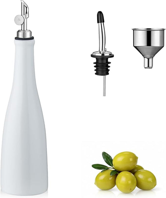 YOLIFE Olive Oil Dispenser Bottle, 20oz Ceramic Oil Dispenser for Kitchen, Oil Bottle with Gravity Spout, Leak Proof EVOO Dispensing Bottle with 2 Spouts and 1 Funnel for Vinegar, Juice(White)