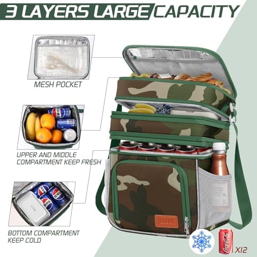 ZRSUN Insulated Lunch Bag for Women Men, Reusable 3 Layers Lunch Box Women, Expandable Reusable Water-resistant Lunch Box for Work Travel Office Picnic Hiking (Green Camo)