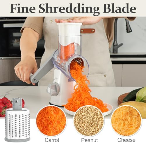 Cambom Rotary Cheese Grater Hand Crank Cheese Shredder for Fresh Cheese, Vegetable, Nuts,Non-slip Suction Base, Five Blades, White
