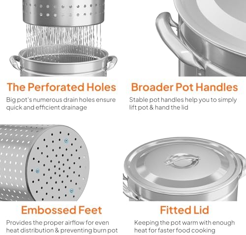 Bonnlo 82QT Stainless Steel Stock Pot for Boiling Seafood, Crawfish lobster & Crab, Frying Turkey & Steaming Tamales, Large Boil Pot with Steamer Basket, Lid, Lifting Hook for Outdoor Cooking Party
