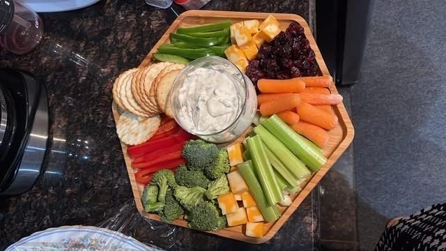 Bamboo Serving Trays 16.5"x11.8"（42x30cm with Handle, Set Includes 1xHexagon 12.5"(32cm)+1xRectangle 9.8"(25cm)*5.9"(15cm)+1xSquare 5.9"(15cm) Dinner Plates Cheese Cutting Board