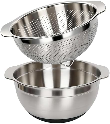 304 Stainless Steel Colander, 5 QT Large Capacity and 5QT Mixing Bowl, 2mm Micropore Strainer for Washing Rice, Fruit, and Veggies, Perfect Draining for Cooked Pasta