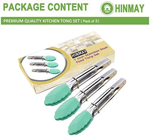 HINMAY 7" Stainless Steel Food Tongs with Silicone Tips, Set of 3 (Mint)