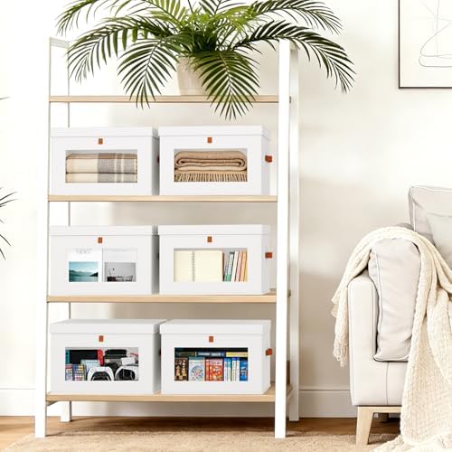 DIMJ Storage Bins with Lids - 8 Pack Large Fabric Closet Organizer with Window & Handles, Collapsible Decorative Storage Boxes for Shelves Under Bed, Books Clothes Blankets Sweaters Organization