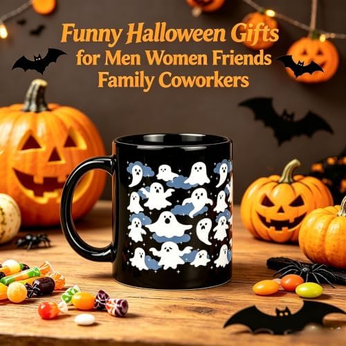Halloween Ghost Coffee Mug,Cute Spooky Ghost Ceramic Black Cup 11oz
