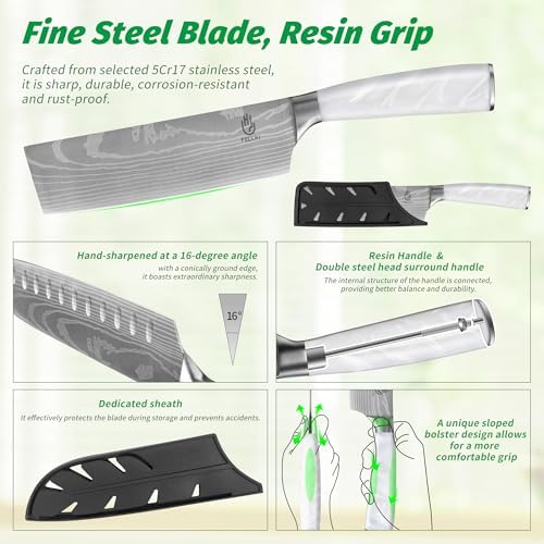FULLHI 15pcs Japanese Knife Set with Magnetic Knife Block Holder, Stainless Steel Blades, White Resin Ergonomic Handles for Professional and Home Cooking