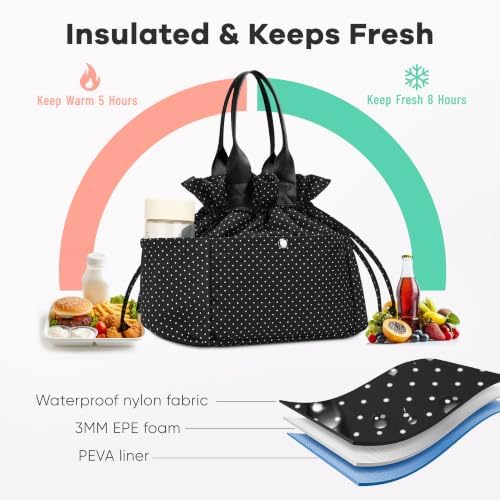 Yarnic Lunch Bag Women Insulated Lunch Box (Polka Dots Black)
