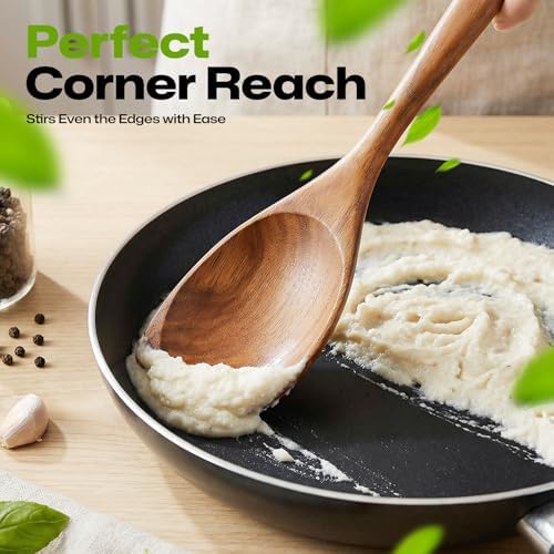 AIUHI Teak Corner Spoon, 100% Solid Teak Wooden Corner Spoon for Cooking, Heat-Resistant Non-Stick Safe Wooden Cooking Spoons