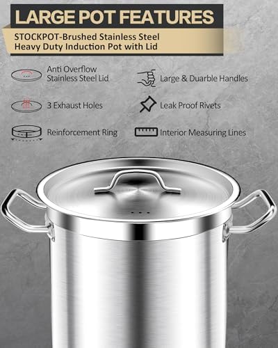 STOCKPOT Large Stock Pot with Lid – Professional Stainless Steel Stockpot 40 Quart – Heavy Duty Cooking Pot for Catering, Soup, and Seafood Boil – Compatible with Most Cooktops