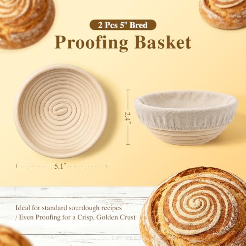 Dutch Oven for Sourdough Bread Baking - Enameled Cast Iron Dutch Oven Pot with Lid and 5" Banneton Bread Proofing Basket & Cotton Potholders, Dual Round Bread Loaf Pan for Homemade Bread, Meatloaf, Cake– (Cream White)