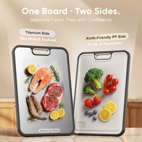 Titanium Cutting Board for Kitchen, Dual-Sided Pure Titanium Surface & Food-Safe PP Chopping Board, Non-Porous, Odor Resistant, Juice Groove, Grinder, Anti-Slip Edges, Easy Clean, 16 x 11 Inch