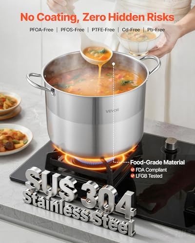 VEVOR Stainless Steel Stock Pot, 16QT Stainless Steel Stockpot with Glass Lid, PFOA-Free, PFAS-Free, Compatible with Gas Stoves, Induction Cooktops, Electric Stoves, for Soups, Stews, and Pasta