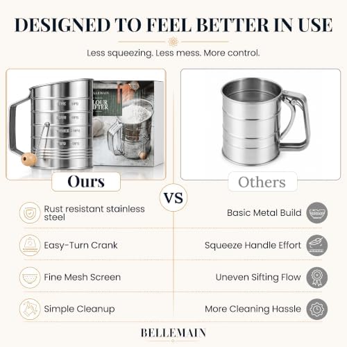 Bellemain Stainless Steel Flour Sifter for Baking with Hand Crank - 5 Cup