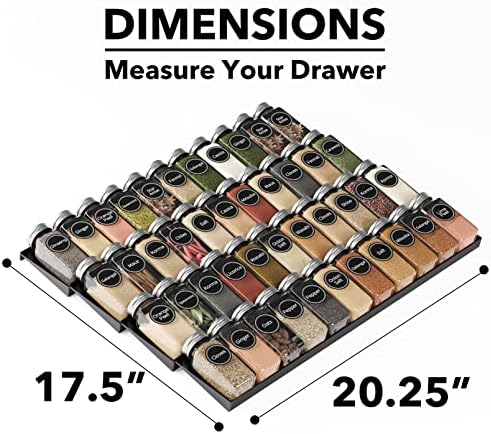 SpaceAid Spice Drawer Organizer with 44 Spice Jars, 386 Spice Labels, 4 Tier Seasoning Rack Tray Insert for Kitchen Drawers, 20.25" Wide x 17.5" Deep