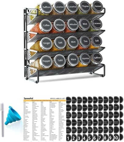 SpaceAid Spice Rack Organizer with 20 Spice Jars, 386 Spice Labels, Chalk Marker and Funnel Set for Cabinet, Countertop, Pantry, Cupboard or Door & Wall Mount - 20 Jars, 9.8" W × 10.8“H, Black