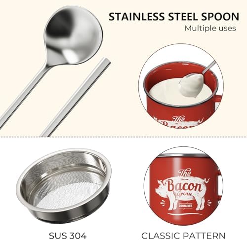 Bacon Grease Container with Strainer-15OZ Enamel Saver, Dishwasher Safe