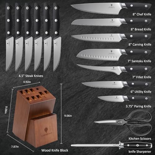 16 PCS Japanese Kitchen Knife Set with Block, Dishwasher Safe
