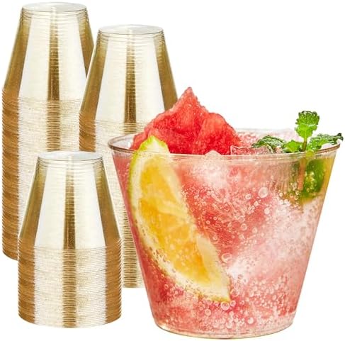 RACETOP 200 Pack 9 oz Gold Glitter Plastic Cups Tumbler