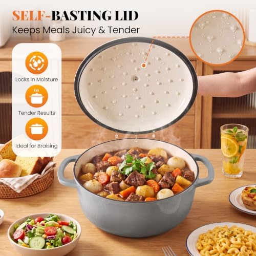 Sweetcrispy 6 Qt Enameled Cast Iron Dutch Oven Pot with Lid, Grey