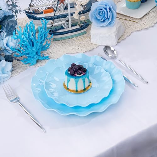 LIYH 24Pcs Light Blue Scalloped Plastic Plates Reusable For Party Events