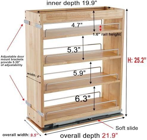 DINDON Pull Out Spice Rack Cabinet Organizer, (8" W x 21.9" D x 25.2" H) Multi-Use Soild Wood Pull Out Cabinet Organizer Slide Out Shelf Sliding Base Cabinet Storage Organization