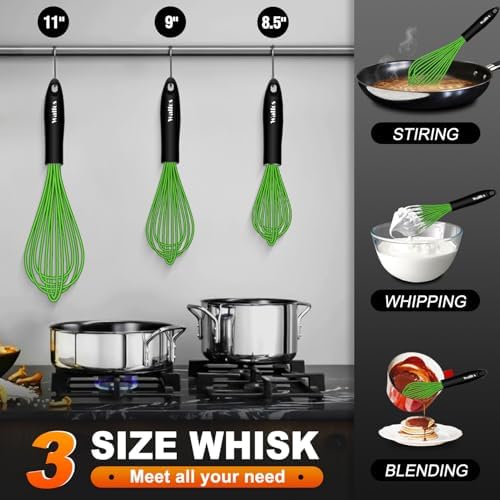 Walfos Silicone Whisk, Rubber Whisks for Cooking, Baking (11,9,8.5 inch) - Heat Resistant Kitchen Whisks for Non-stick Cookware, Balloon Egg Beater Perfect for Blending, Whisking, Beating, Frothing