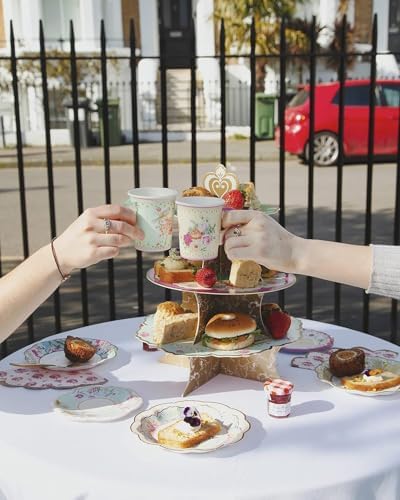 Talking Tables 24 x 7 oz Vintage Floral Paper Tea Cups & Saucer Set, Disposable Tea Cups for Easter, Afternoon Tea Parties, Bridal Shower, Mothers Day, Wedding, Birthday, Birthday Party Decorations